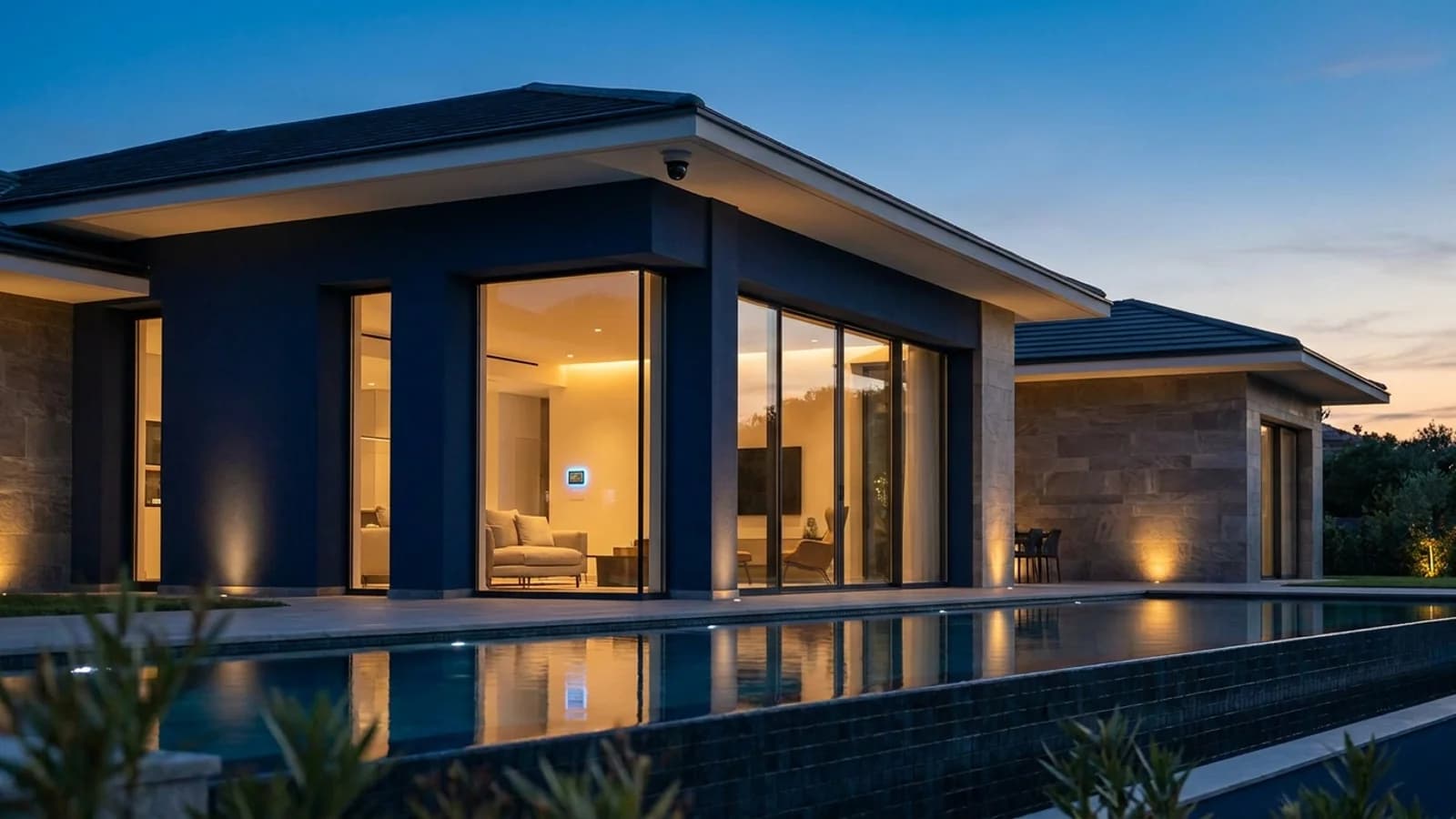 Gün batımında havuzlu modern bir villa; akıllı otomasyon, güvenlik ve konforlu yaşam teknolojilerini temsil eden premium rezidans mimarisi
